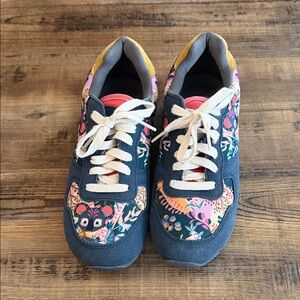 inkkas Navy Blue Floral Pattern Sneakers with Pink and Yellow Accents